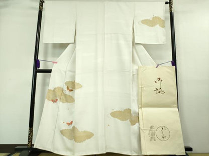平和屋本店■極上　銀座きしや　訪問着　駒刺繍　雲取り舞蝶文　生成り色地　金彩　たとう紙付き　逸品　未使用　DZAA7579kh5