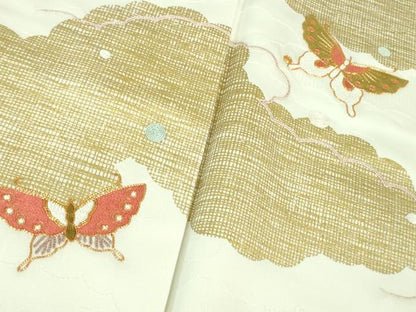 平和屋本店■極上　銀座きしや　訪問着　駒刺繍　雲取り舞蝶文　生成り色地　金彩　たとう紙付き　逸品　未使用　DZAA7579kh5