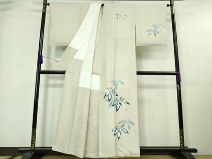 平和屋着物■極上　本加賀友禅作家　湯本エリ子　訪問着　笹の葉　象牙色地　金銀彩　逸品　DZAA7591kh5