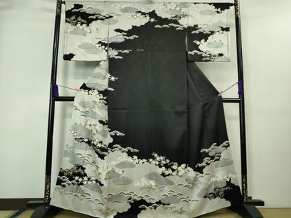 平和屋本店■極上　訪問着　駒刺繍　雲取り吉祥花文　黒地　金彩　逸品　DZAA7618kh5