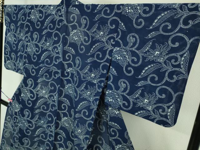 平和屋着物■極上　夏物　伝統工芸技術保存長板中形　鈴木松男　浴衣　綿絽　花唐草　反端付き　逸品　DZAA7623kh5