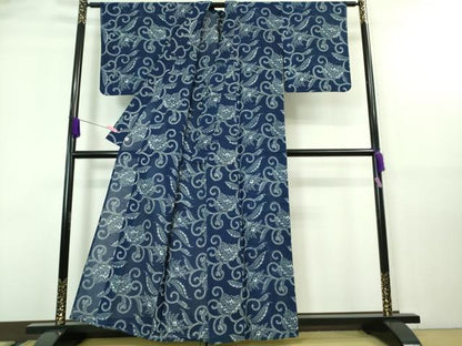 平和屋着物■極上　夏物　伝統工芸技術保存長板中形　鈴木松男　浴衣　綿絽　花唐草　反端付き　逸品　DZAA7623kh5