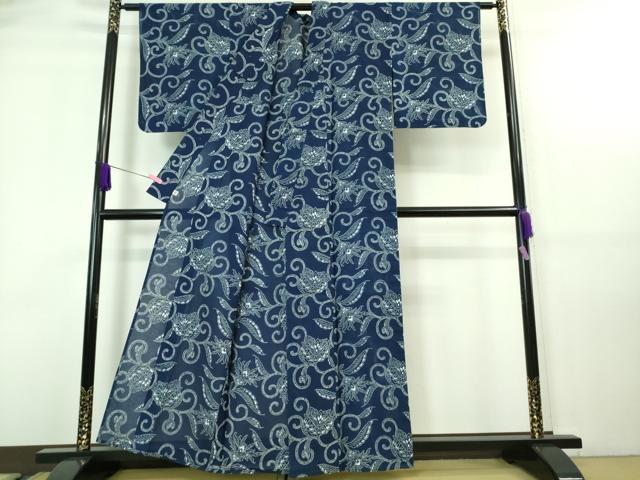 平和屋着物■極上　夏物　伝統工芸技術保存長板中形　鈴木松男　浴衣　綿絽　花唐草　反端付き　逸品　DZAA7623kh5