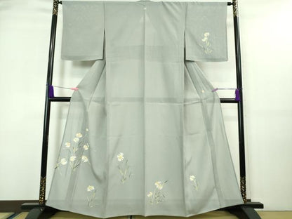 平和屋着物＊極上 夏物 訪問着 友禅 作家物 駒刺繍 サギソウ 灰青色地 金彩 逸品 未使用 DZAA7627kh5