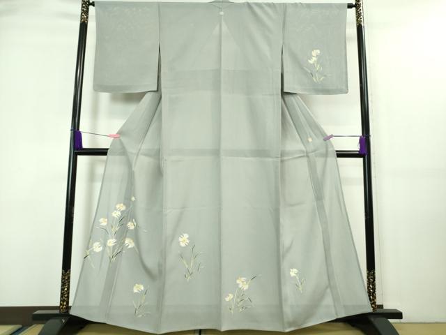平和屋着物＊極上 夏物 訪問着 友禅 作家物 駒刺繍 サギソウ 灰青色地 金彩 逸品 未使用 DZAA7627kh5