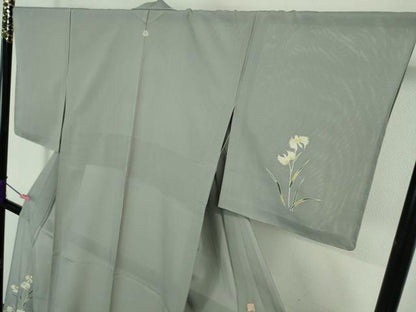 平和屋着物＊極上 夏物 訪問着 友禅 作家物 駒刺繍 サギソウ 灰青色地 金彩 逸品 未使用 DZAA7627kh5