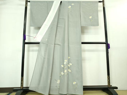 平和屋着物＊極上 夏物 訪問着 友禅 作家物 駒刺繍 サギソウ 灰青色地 金彩 逸品 未使用 DZAA7627kh5