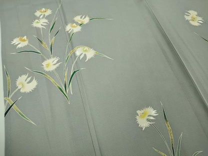 平和屋着物＊極上 夏物 訪問着 友禅 作家物 駒刺繍 サギソウ 灰青色地 金彩 逸品 未使用 DZAA7627kh5
