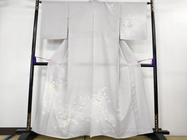 平和屋着物＊極上 夏物 訪問着 縦絽 片輪車花文 白藤色地 逸品 DZAA7628kh5