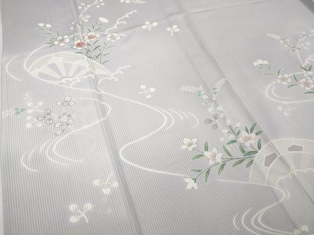 平和屋着物＊極上 夏物 訪問着 縦絽 片輪車花文 白藤色地 逸品 DZAA7628kh5