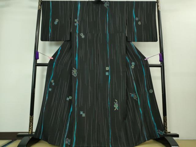 平和屋着物▽極上 小紋 単衣 亀甲 七宝 間道 黒地 逸品 DZAA7630kh5