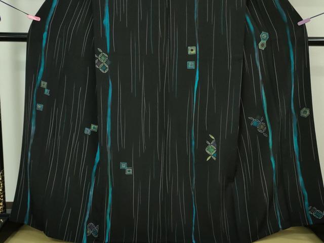 平和屋着物▽極上 小紋 単衣 亀甲 七宝 間道 黒地 逸品 DZAA7630kh5
