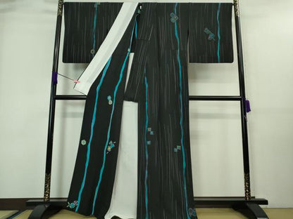 平和屋着物▽極上 小紋 単衣 亀甲 七宝 間道 黒地 逸品 DZAA7630kh5