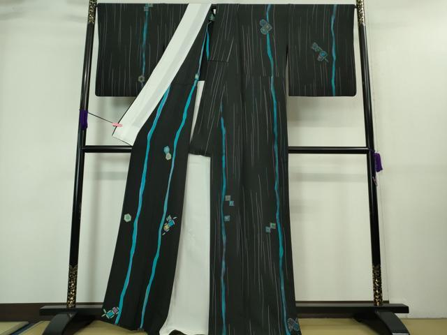 平和屋着物▽極上 小紋 単衣 亀甲 七宝 間道 黒地 逸品 DZAA7630kh5