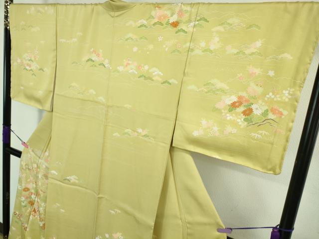 平和屋本店■極上　創業460年・千總　訪問着　駒刺繍　貝桶檜扇花松文　淡黄色地　金彩　逸品　未使用　DZAA7652kh5
