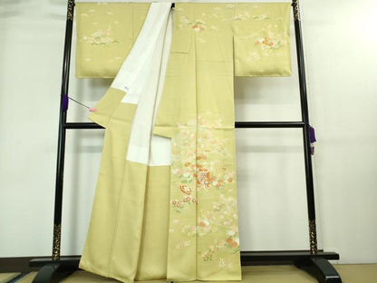 平和屋本店■極上　創業460年・千總　訪問着　駒刺繍　貝桶檜扇花松文　淡黄色地　金彩　逸品　未使用　DZAA7652kh5