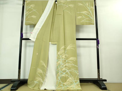 平和屋本店■極上　本加賀友禅作家　由水煌人　訪問着　単衣　露芝　すすき　抹茶色地　逸品　DZAA7664kh5