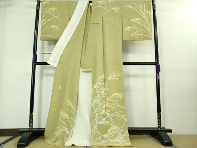 平和屋本店■極上　本加賀友禅作家　由水煌人　訪問着　単衣　露芝　すすき　抹茶色地　逸品　DZAA7664kh5
