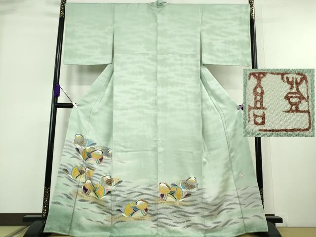 平和屋本店●極上　人間国宝・羽田登喜男　訪問着　鴛鴦9羽　暈し染め　金銀彩　逸品　未使用　DZAA7684kh6