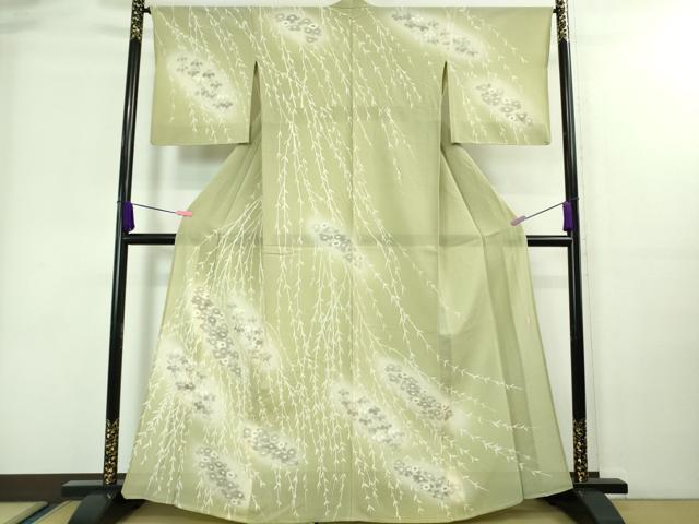 平和屋着物＊極上 夏物 訪問着 絽縮緬 作家物 枝垂れ柳 草花文 裏葉柳色地 暈し染め 逸品 DZAA7695kh5