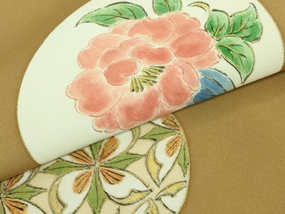 平和屋本店■極上　銀座　志ま亀　塩瀬　九寸名古屋帯　花ビン絵　黄唐茶色地　金彩　たとう紙付き　逸品　DZAA7718kh5