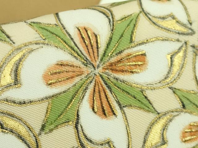 平和屋本店■極上　銀座　志ま亀　塩瀬　九寸名古屋帯　花ビン絵　黄唐茶色地　金彩　たとう紙付き　逸品　DZAA7718kh5