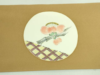 平和屋本店■極上　銀座　志ま亀　塩瀬　九寸名古屋帯　花ビン絵　黄唐茶色地　金彩　たとう紙付き　逸品　DZAA7718kh5