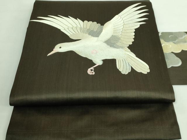 平和屋本店■極上　アンティーク　大正ロマン　九寸名古屋帯　総手刺繍　鳩　憲法黒茶色地　逸品　DZAA7719kh5