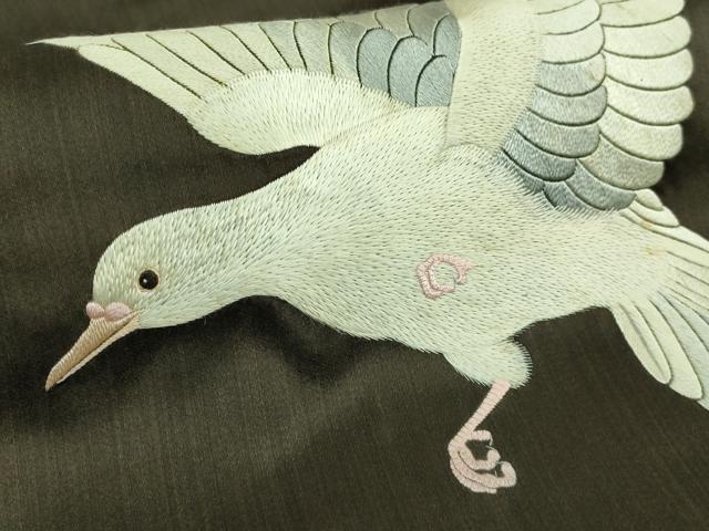 平和屋本店■極上　アンティーク　大正ロマン　九寸名古屋帯　総手刺繍　鳩　憲法黒茶色地　逸品　DZAA7719kh5
