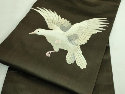 平和屋本店■極上　アンティーク　大正ロマン　九寸名古屋帯　総手刺繍　鳩　憲法黒茶色地　逸品　DZAA7719kh5