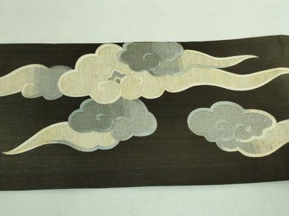 平和屋本店■極上　アンティーク　大正ロマン　九寸名古屋帯　総手刺繍　鳩　憲法黒茶色地　逸品　DZAA7719kh5
