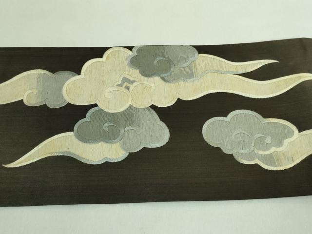 平和屋本店■極上　アンティーク　大正ロマン　九寸名古屋帯　総手刺繍　鳩　憲法黒茶色地　逸品　DZAA7719kh5