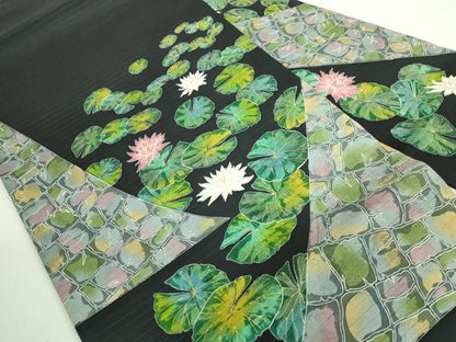 平和屋本店■極上　夏物　手描き友禅作　腰原淳策　絽塩瀬　九寸名古屋帯　蓮　黒地　金銀彩　逸品　DZAA7747kh5