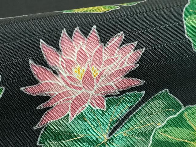 平和屋本店■極上　夏物　手描き友禅作　腰原淳策　絽塩瀬　九寸名古屋帯　蓮　黒地　金銀彩　逸品　DZAA7747kh5