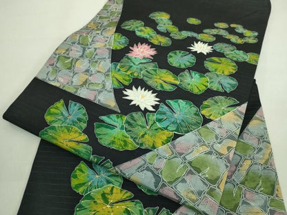 平和屋本店■極上　夏物　手描き友禅作　腰原淳策　絽塩瀬　九寸名古屋帯　蓮　黒地　金銀彩　逸品　DZAA7747kh5