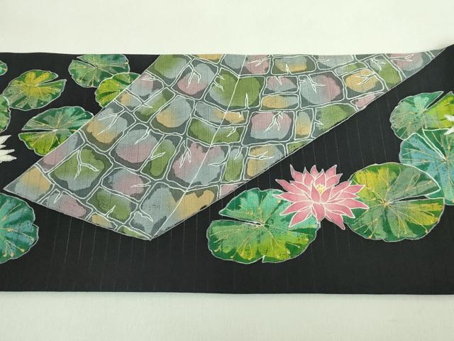 平和屋本店■極上　夏物　手描き友禅作　腰原淳策　絽塩瀬　九寸名古屋帯　蓮　黒地　金銀彩　逸品　DZAA7747kh5