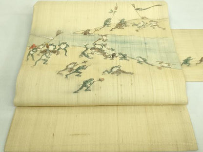 平和屋着物＊極上 夏物 九寸名古屋帯 手描き 鳥獣戯画 麻 逸品 DZAA7773kh5