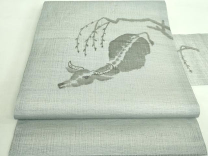 平和屋着物＊極上 夏物 九寸名古屋帯 手描き 水牛 灰青色地 逸品 DZAA7774kh5