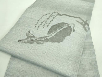 平和屋着物＊極上 夏物 九寸名古屋帯 手描き 水牛 灰青色地 逸品 DZAA7774kh5