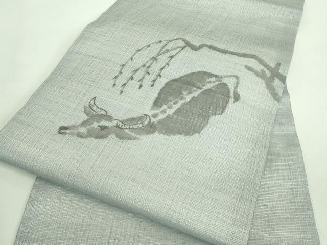平和屋着物＊極上 夏物 九寸名古屋帯 手描き 水牛 灰青色地 逸品 DZAA7774kh5