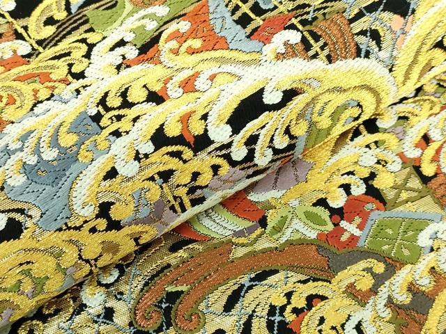 平和屋着物●極上 西陣の老舗 1782年創業 山下織物 六通柄袋帯 唐織 立波宝尽くし 宝船 黒地 金糸 逸品 DZAA7779kh5