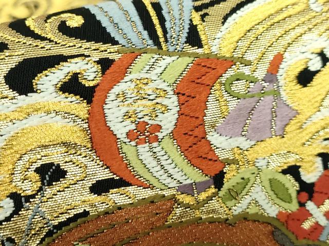 平和屋着物●極上 西陣の老舗 1782年創業 山下織物 六通柄袋帯 唐織 立波宝尽くし 宝船 黒地 金糸 逸品 DZAA7779kh5