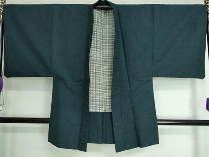 平和屋着物■極上　男性　紬　アンサンブル　長羽織(羽織紐付き)・長襦袢(袷)　3点セット　濃藍色地　逸品　DZAA7806kh5