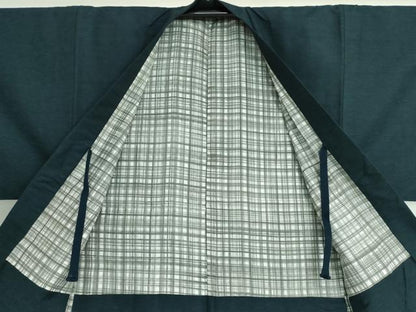 平和屋着物■極上　男性　紬　アンサンブル　長羽織(羽織紐付き)・長襦袢(袷)　3点セット　濃藍色地　逸品　DZAA7806kh5