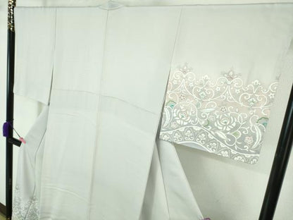 平和屋本店●極上　世界的友禅作家　千地泰弘　訪問着　刺繍　花唐草文　白鼠色地　暈し染め　金銀糸　逸品　DZAA7808kh6