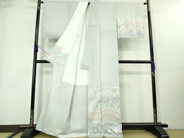 平和屋本店●極上　世界的友禅作家　千地泰弘　訪問着　刺繍　花唐草文　白鼠色地　暈し染め　金銀糸　逸品　DZAA7808kh6