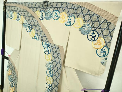 平和屋本店■極上　人間国宝　五代　田畑喜八　訪問着　駒刺繍　藍　籬　亜麻色地　金彩　逸品　DZAA7814kh5