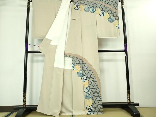 平和屋本店■極上　人間国宝　五代　田畑喜八　訪問着　駒刺繍　藍　籬　亜麻色地　金彩　逸品　DZAA7814kh5