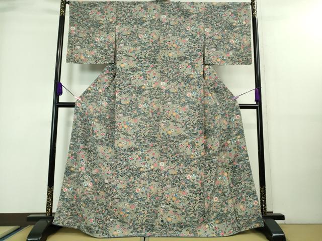 平和屋着物■極上　小紋　紅型　流水草花文　灰色地　逸品　未使用　DZAA7828kh5