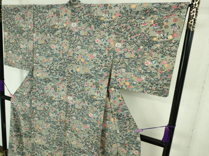 平和屋着物■極上　小紋　紅型　流水草花文　灰色地　逸品　未使用　DZAA7828kh5